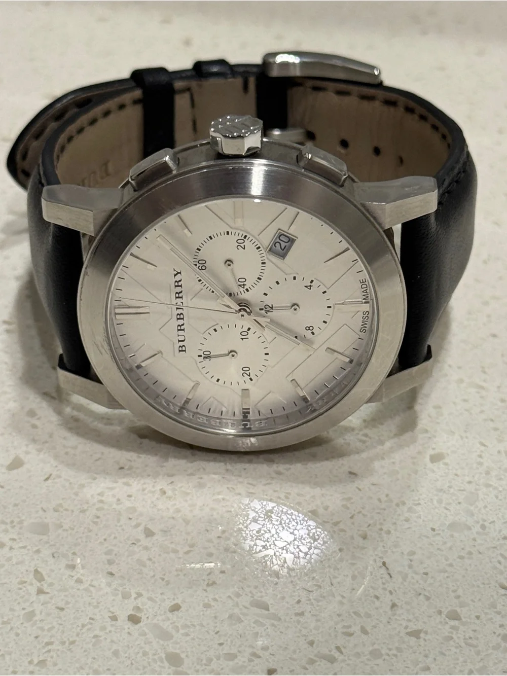 Burberry Silver & Black Men's Leather Strap Watch